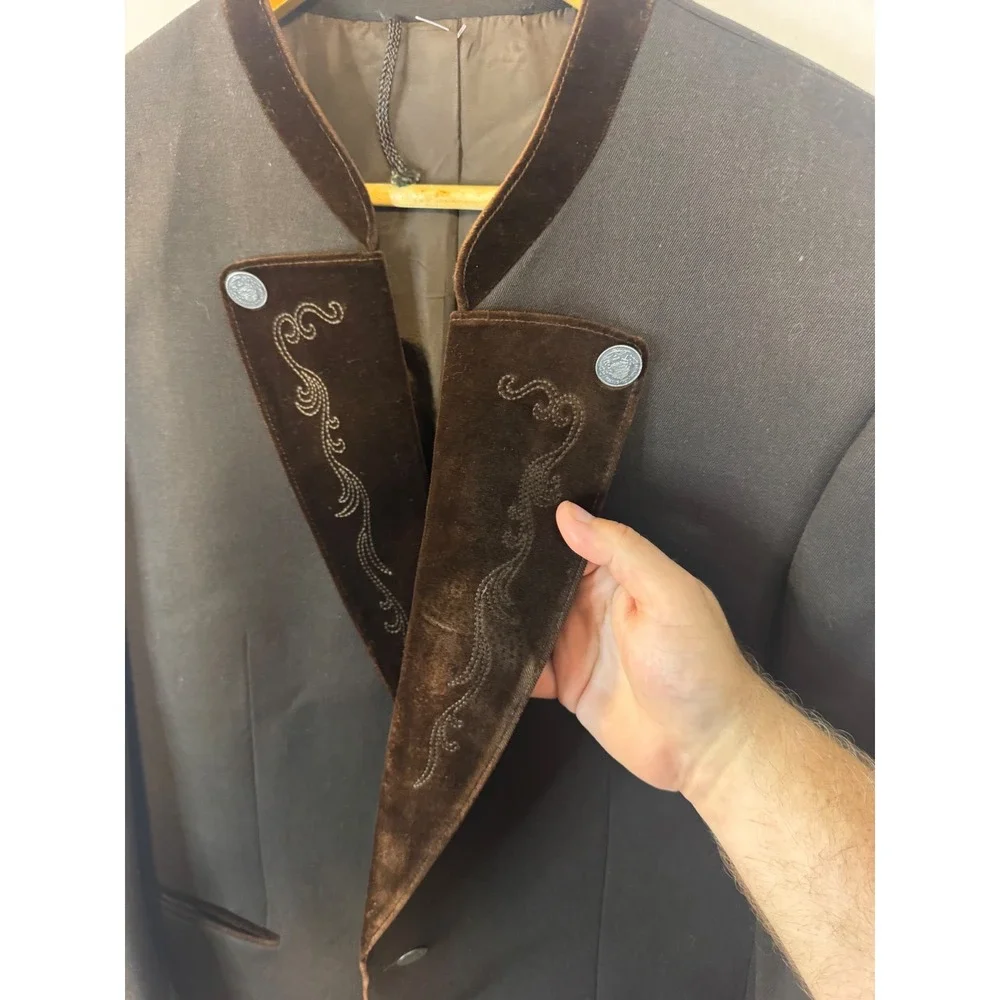 Bruckner Kleidung Austrian Trachten Blazer Brown Velvet Trim Jacket Men 44L Tall